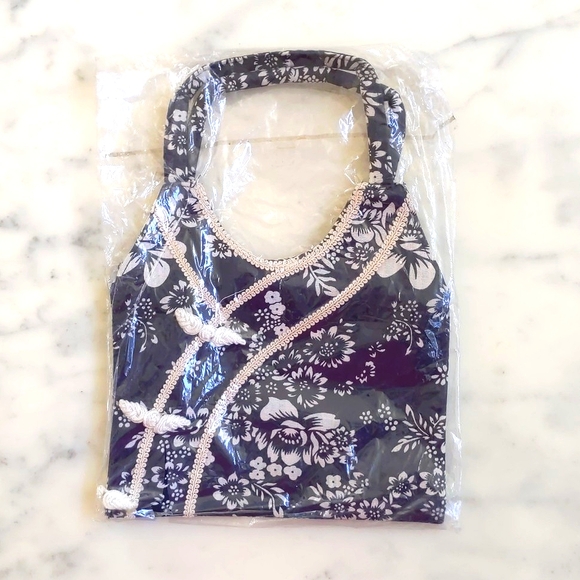 NWT. Cotton/Linen Navy Blue/White Floral Asian Small Bag w/Embroidery/Zip/Lining - Picture 4 of 4